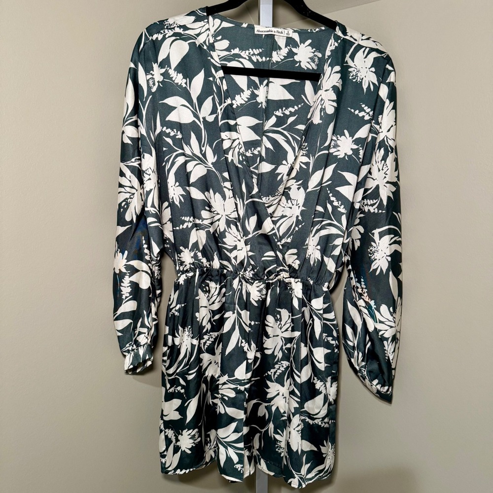 Abercrombie & Fitch Womens Forest Green Floral Satin Surplice Mini Dress Size S
